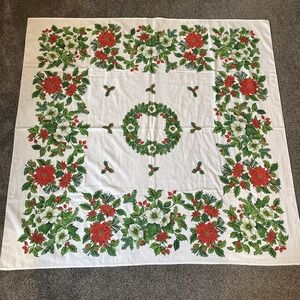 Vintage Christmas Tablecloth Block Print Poinsettias Holly Square 51"